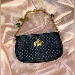 JUICY COUTURE RARE VINTAGE Y2K Baguette Bag  Black Quilted Leather Chain Charms